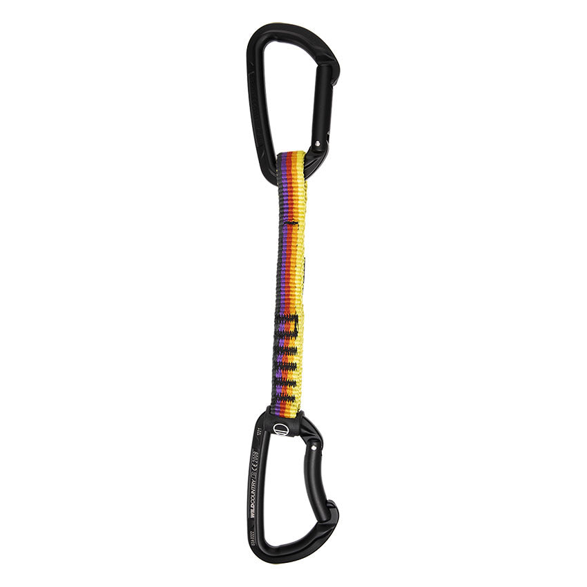 A black quickdraw with a yellow and red striped nylon sling, used for climbing.